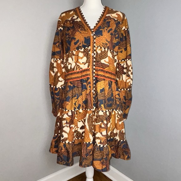 FARM Rio Dresses & Skirts - Farm Rio By Anthropology V-Neck Dress Geometric Jaguar Print Tiered Sz X-Large